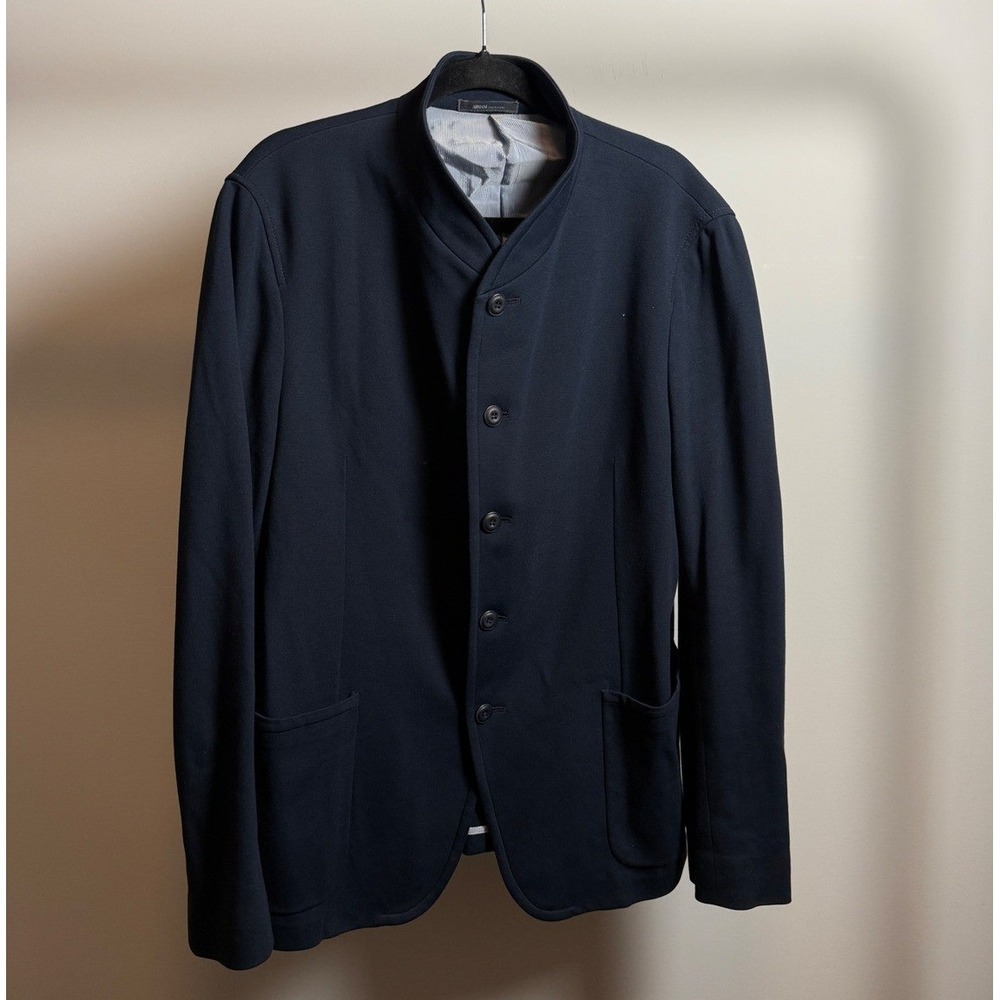 Armani Collezioni Mens Navy Blue Mandarin Collar Jersey Knit Blazer Jacket 46R